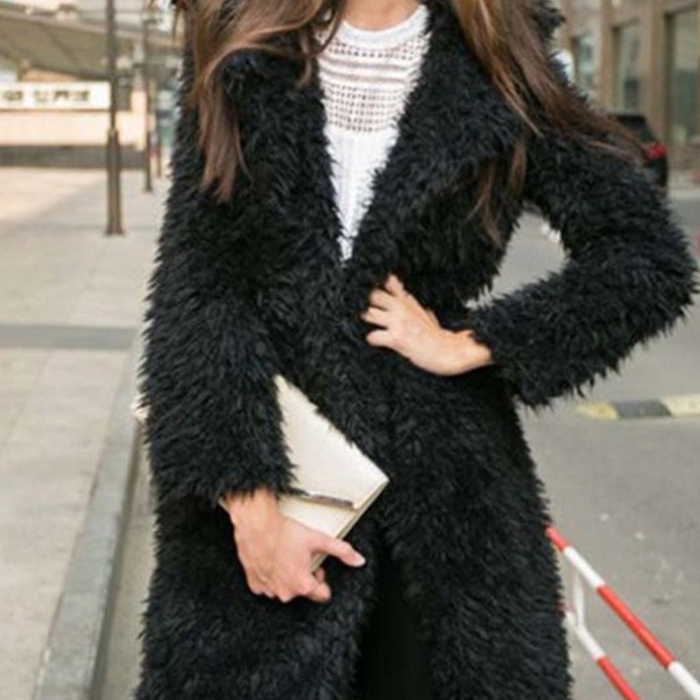 Furry knee length BLACK jacket